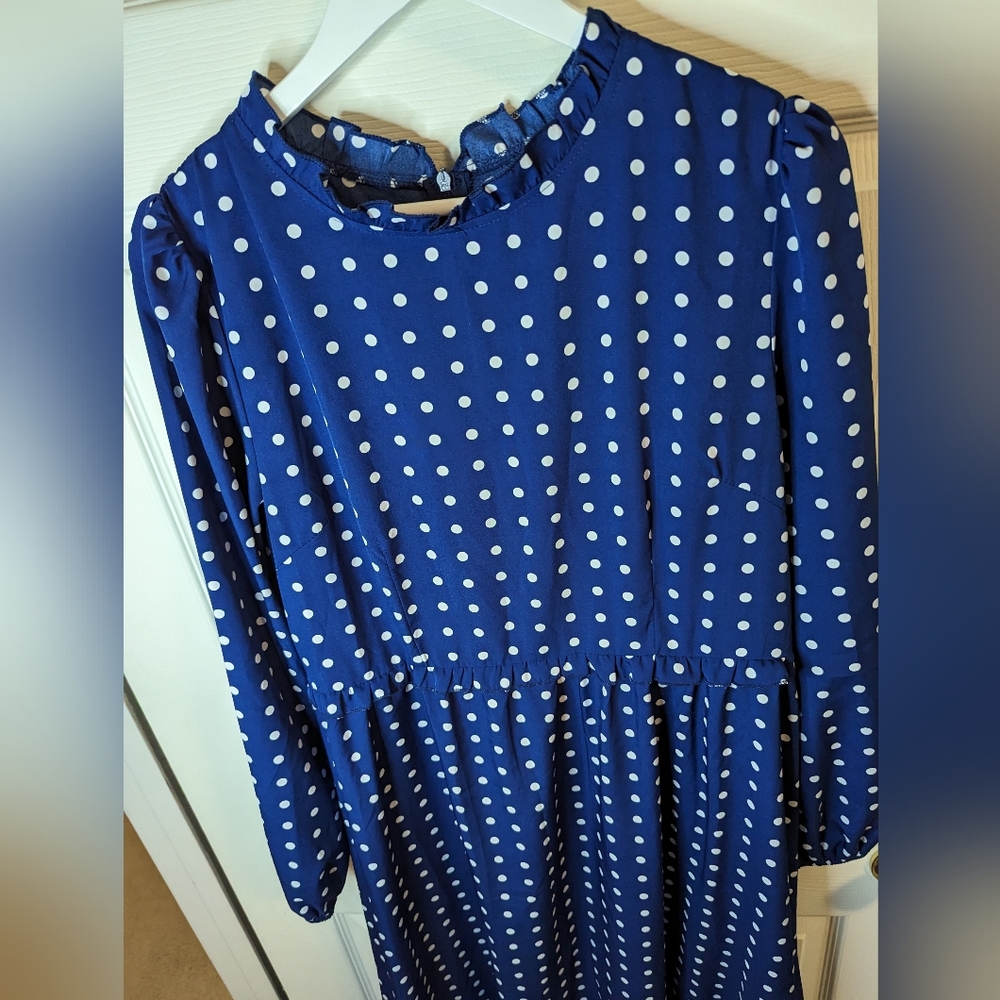 SHEIN Blue Polka Dot Long Sleeve Midi Dress